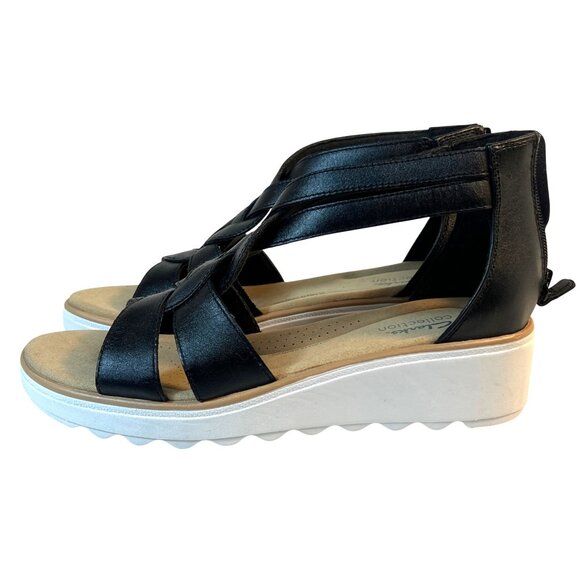 Clarks Jillian Bright Black Leather Wedge Sandals Back Zipper Closure Size 10M